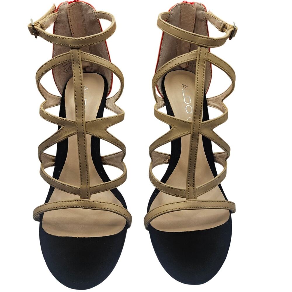 Aldo Suede Leather Strappy Heels Blk/Tan/Red Zip Up 4" Heel Sz 6.5 - Picture 4 of 8